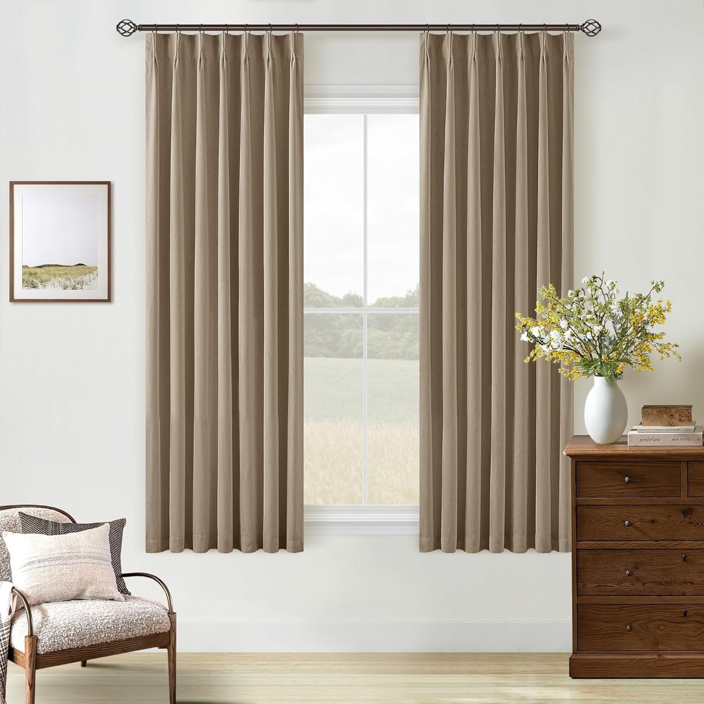 Cream Short Linen Curtains for Small Window 2 Panel Set Kitchen Curtains 45 Inch Length Pinch Pleated Back Tab 100% Blackout Natural Linen Room Darkening Thermal Insulated Drapes for Cafe Bathroom