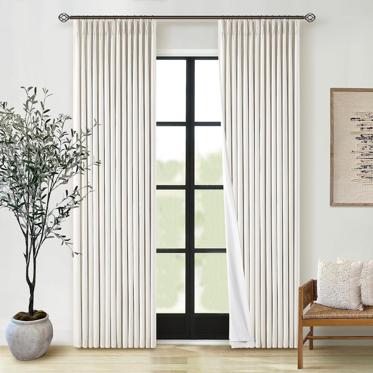 Cream Short Linen Curtains for Small Window 2 Panel Set Kitchen Curtains 45 Inch Length Pinch Pleated Back Tab 100% Blackout Natural Linen Room Darkening Thermal Insulated Drapes for Cafe Bathroom