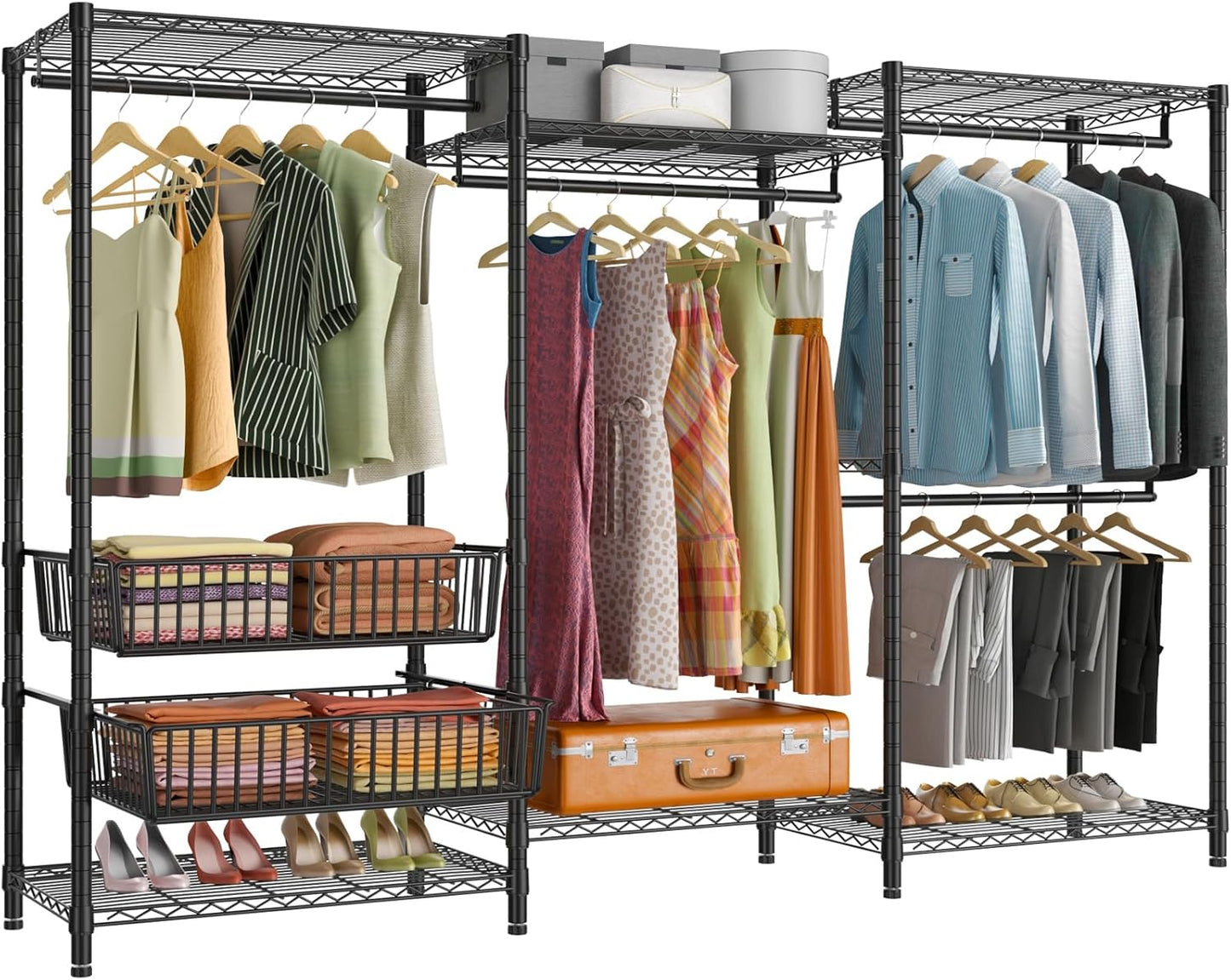 VIPEK V10 Garment Rack Large Size Heavy Duty Clothes Rack with Hanging Rods, Adjustable Shelves & 2 Slid Storage Baskets, Wire Clothing Rack 68.9" W x 15.7" D x 76.4" H, Max Load 920 LBS, Black