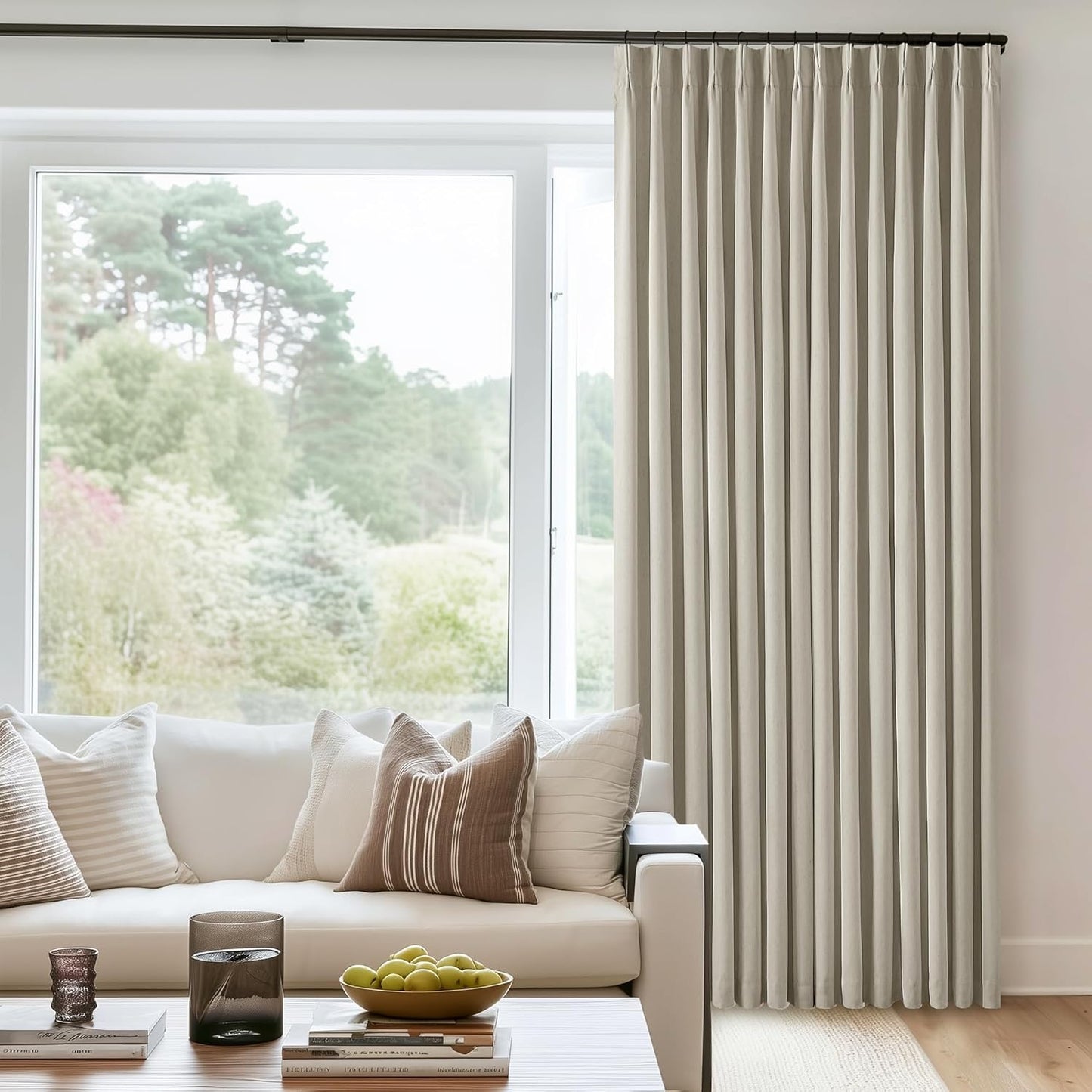 Cream Short Linen Curtains for Small Window 2 Panel Set Kitchen Curtains 45 Inch Length Pinch Pleated Back Tab 100% Blackout Natural Linen Room Darkening Thermal Insulated Drapes for Cafe Bathroom