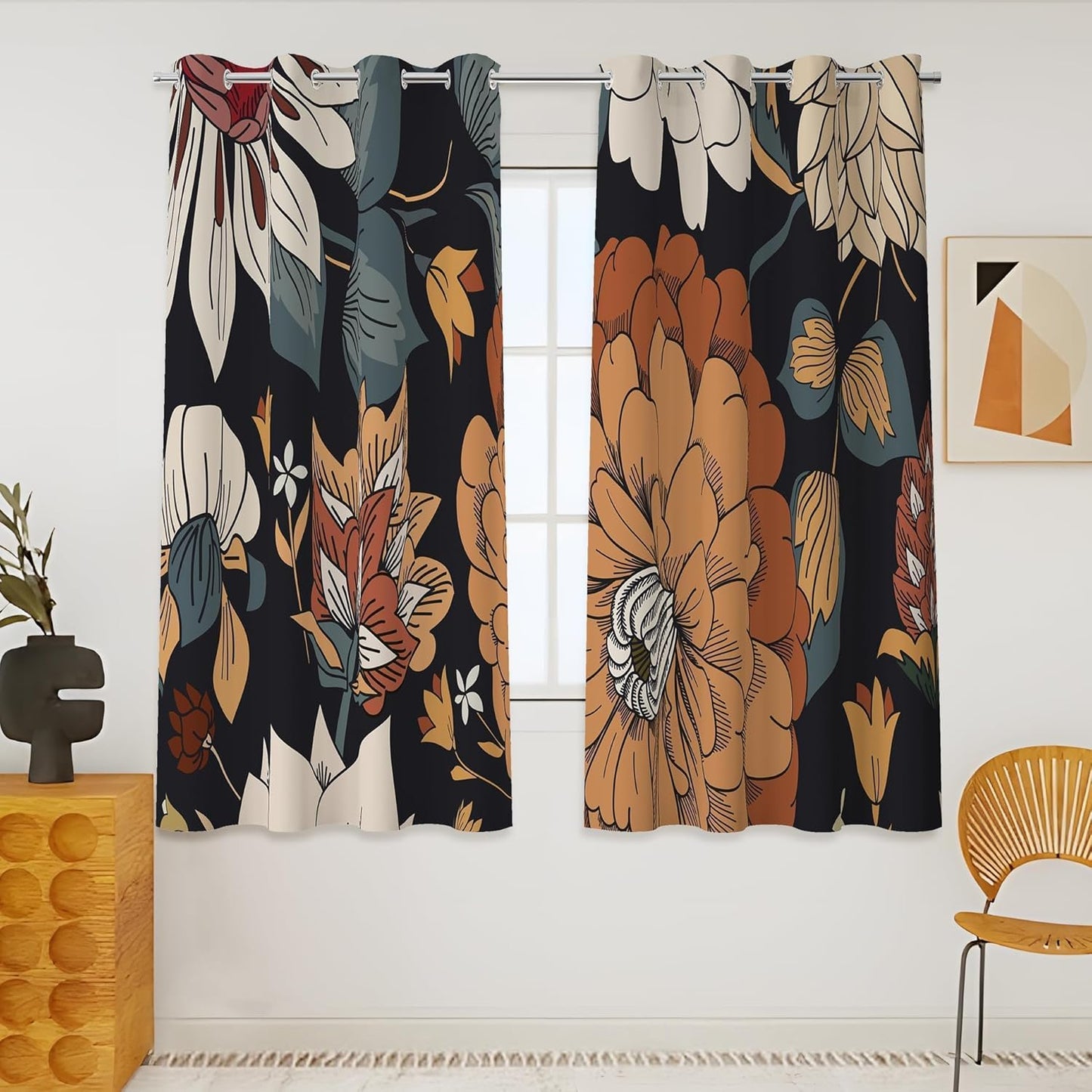 Black Boho Floral 100% Blackout Curtains for Bedroom 84 inch Long 2 Panels Mid Century Botanical Black Out Curtains for Living Room Grommet Thermal Insulated Room Darkening Window Drapes,52Wx84L