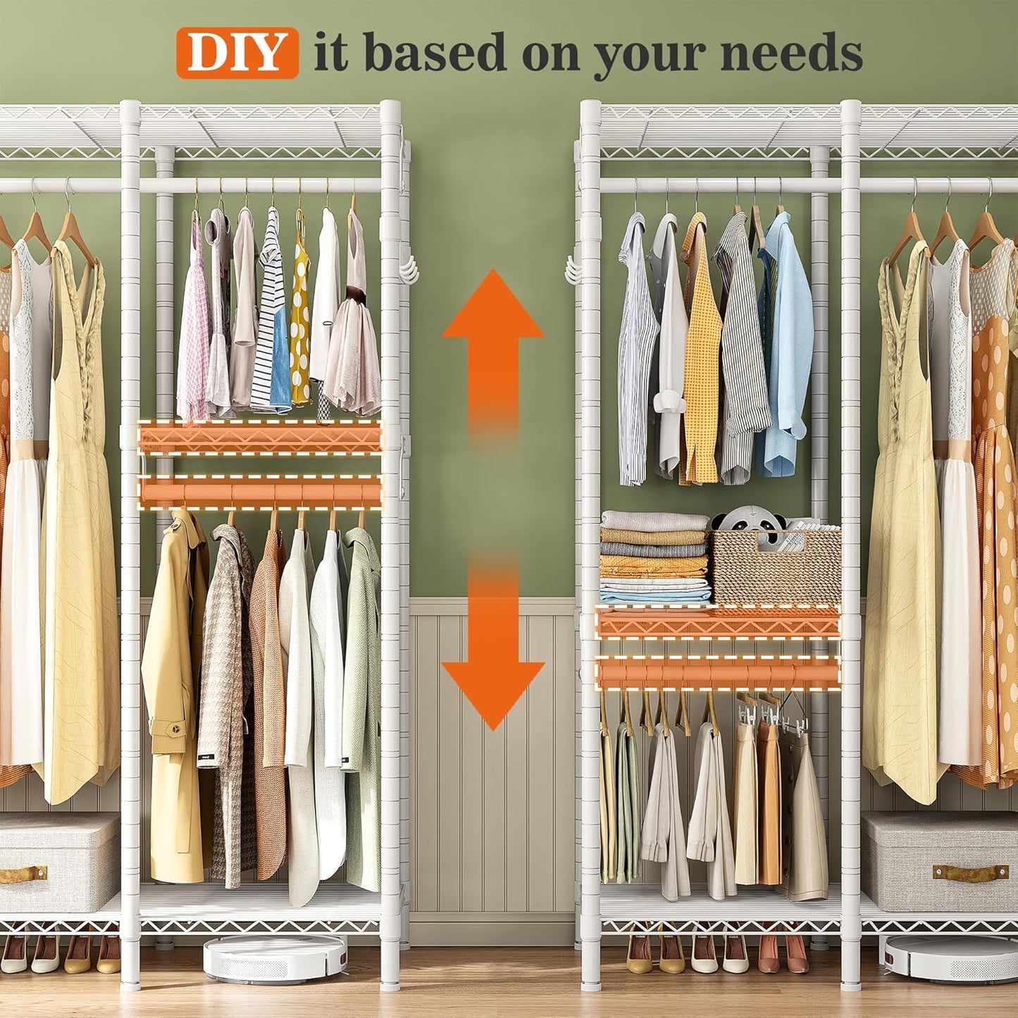 Raybee Clothes Rack Heavy Duty Clothing Racks for Hanging Clothes Loads 1100LBS, Garment Rack Freestanding for Bedroom, 75" H x 75" W x 15.7" D, White