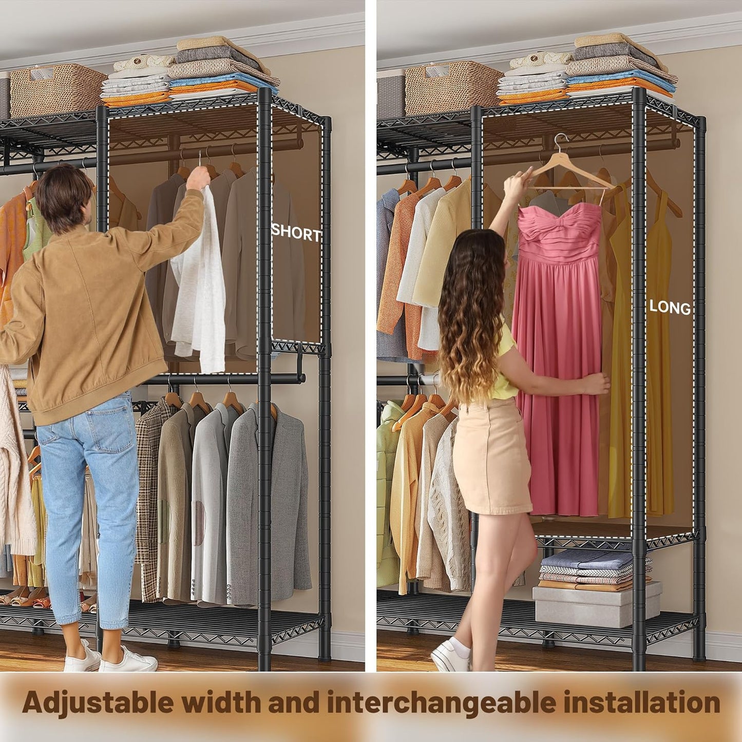 Raybee Clothes Rack Heavy Duty 1100 LBS Capacity Clothing Racks for Hanging Clothes Adjustable Garment Rack,17.7" D x 75.8" W x 76.9" H Black