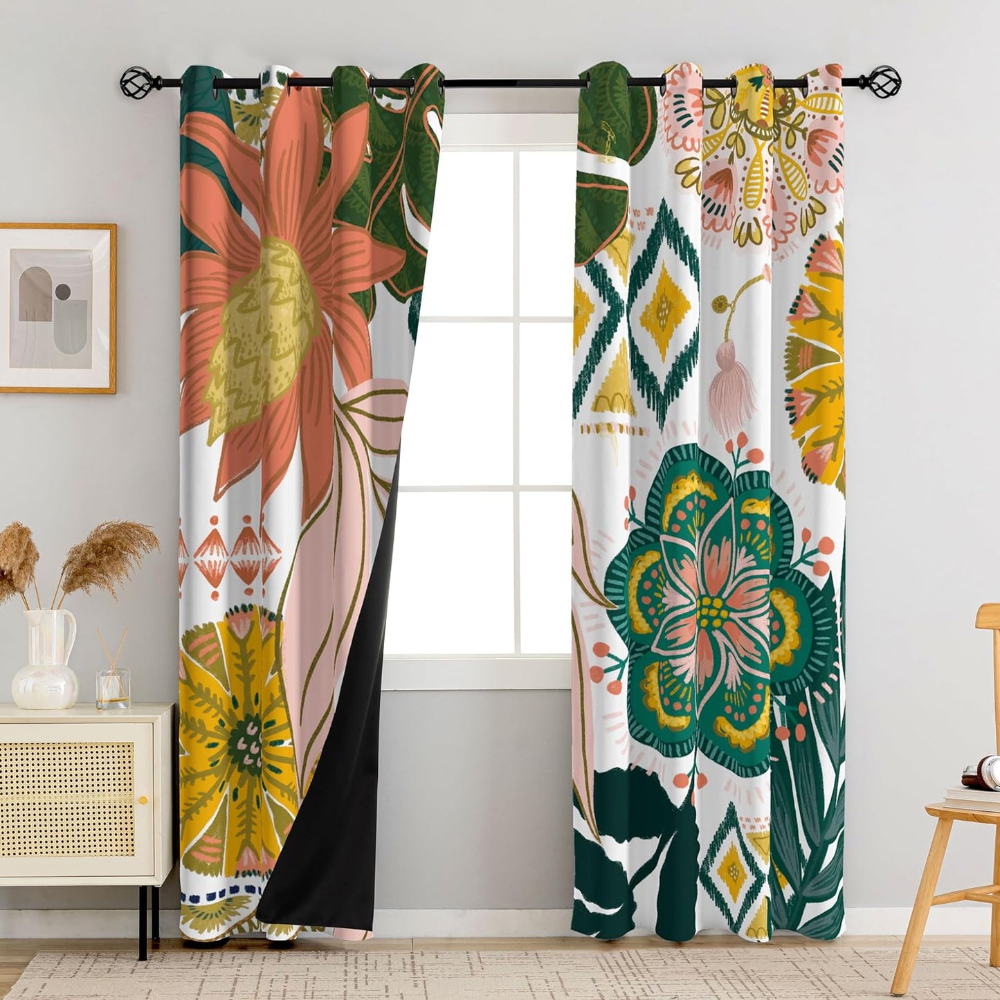 Black Boho Floral 100% Blackout Curtains for Bedroom 84 inch Long 2 Panels Mid Century Botanical Black Out Curtains for Living Room Grommet Thermal Insulated Room Darkening Window Drapes,52Wx84L