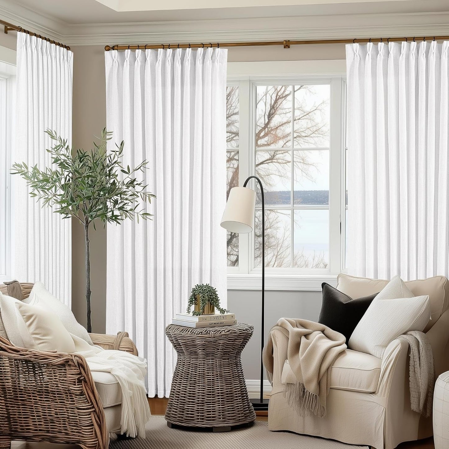 Natural Linen Kitchen Curtains 45 Inches Long 2 Sets Basement Curtains for Small Window Cream Ivory Pinch Pleated Back Tab Linen Blend Short Boho Semi Sheer Back Tab Drapes for Bay Windows 40x45