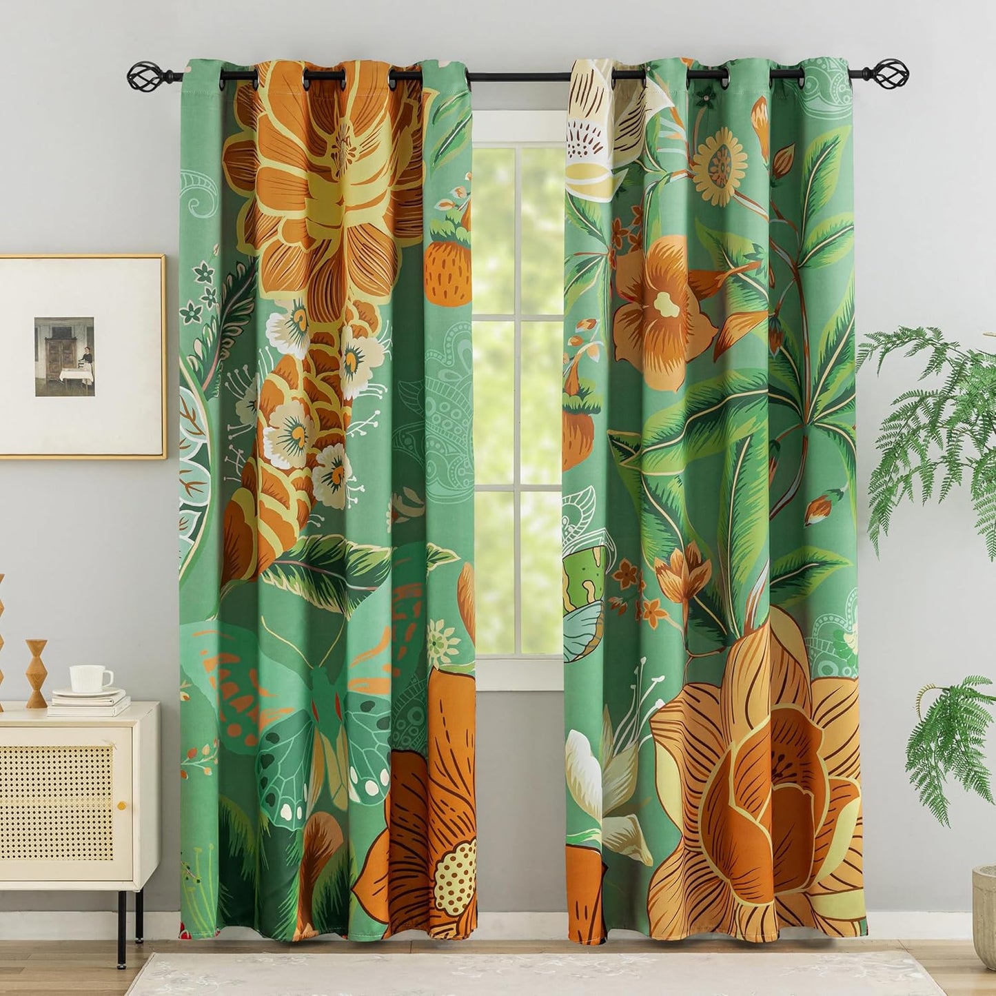 Black Boho Floral 100% Blackout Curtains for Bedroom 84 inch Long 2 Panels Mid Century Botanical Black Out Curtains for Living Room Grommet Thermal Insulated Room Darkening Window Drapes,52Wx84L