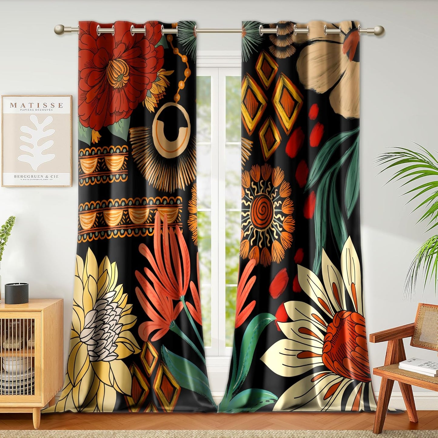 Black Boho Floral 100% Blackout Curtains for Bedroom 84 inch Long 2 Panels Mid Century Botanical Black Out Curtains for Living Room Grommet Thermal Insulated Room Darkening Window Drapes,52Wx84L