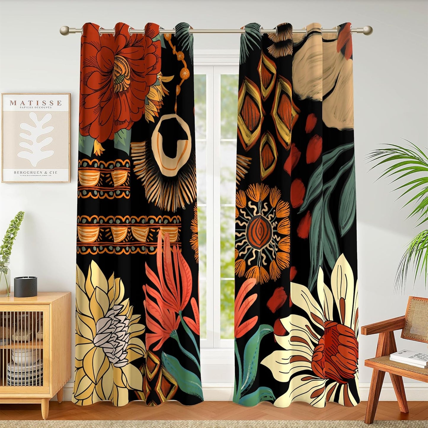 Black Boho Floral 100% Blackout Curtains for Bedroom 84 inch Long 2 Panels Mid Century Botanical Black Out Curtains for Living Room Grommet Thermal Insulated Room Darkening Window Drapes,52Wx84L