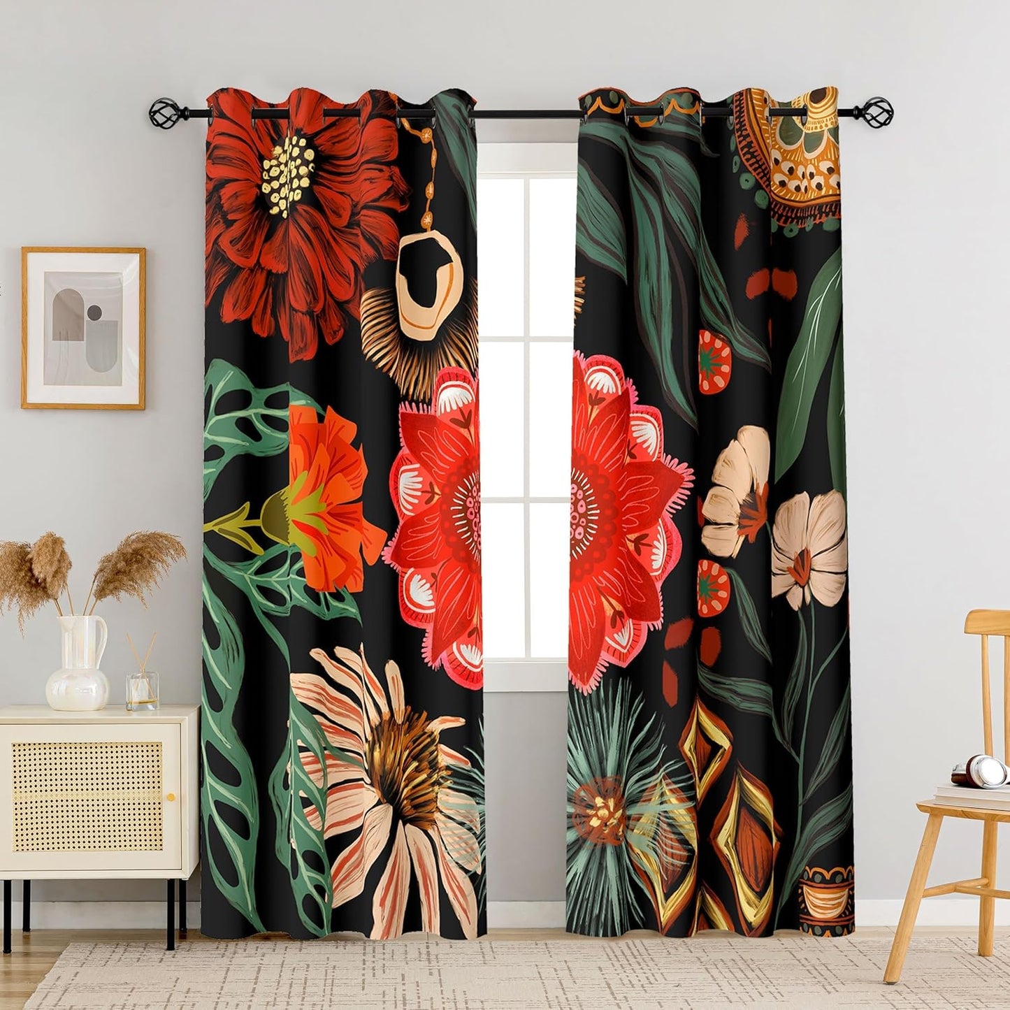 Black Boho Floral 100% Blackout Curtains for Bedroom 84 inch Long 2 Panels Mid Century Botanical Black Out Curtains for Living Room Grommet Thermal Insulated Room Darkening Window Drapes,52Wx84L
