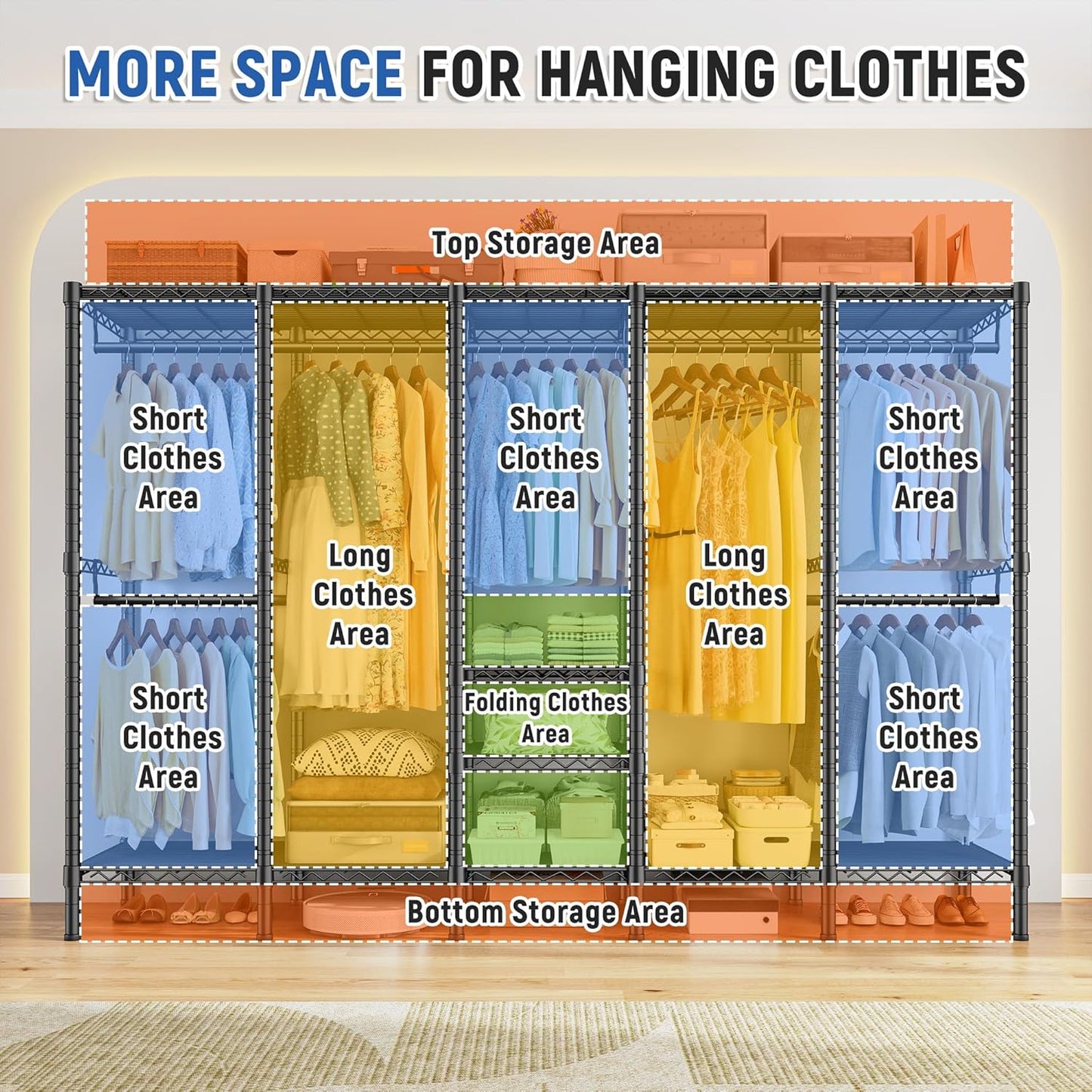 Raybee 88.2" W Clothes Rack Heavy Duty Clothing Racks for Hanging Clothes Portable Closet Loads 1200LBS Freestanding Garment Rack for Bedroom 88.2" W x 75.6" H x 15.7" D, Black