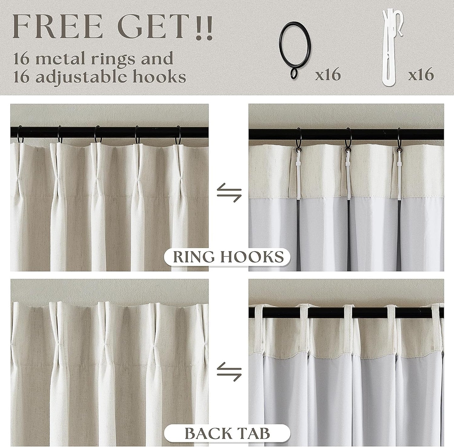 Cream Short Linen Curtains for Small Window 2 Panel Set Kitchen Curtains 45 Inch Length Pinch Pleated Back Tab 100% Blackout Natural Linen Room Darkening Thermal Insulated Drapes for Cafe Bathroom