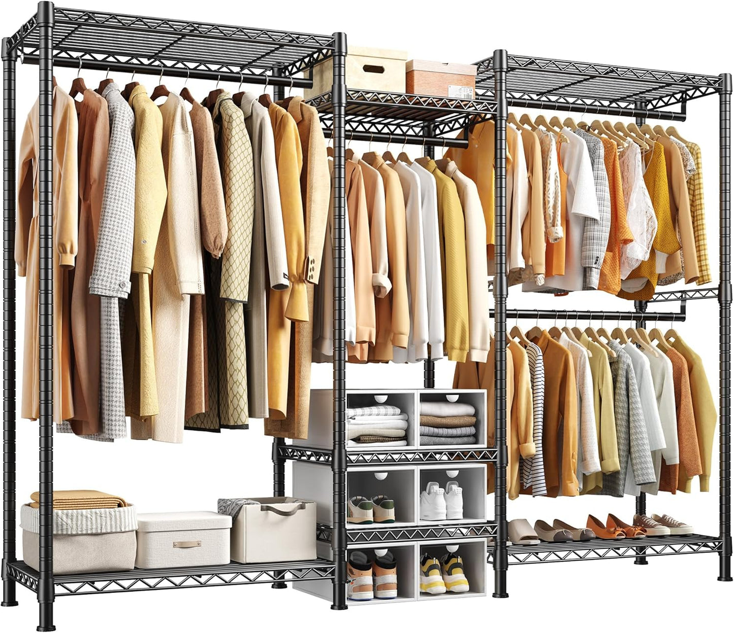 Raybee Clothes Rack Heavy Duty 1100 LBS Capacity Clothing Racks for Hanging Clothes Adjustable Garment Rack,17.7" D x 75.8" W x 76.9" H Black