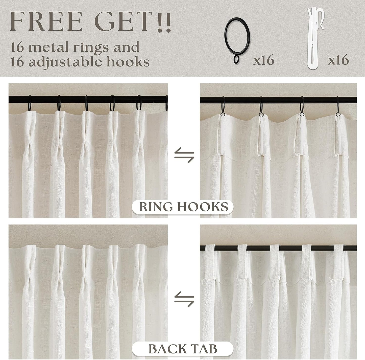 Natural Linen Kitchen Curtains 45 Inches Long 2 Sets Basement Curtains for Small Window Cream Ivory Pinch Pleated Back Tab Linen Blend Short Boho Semi Sheer Back Tab Drapes for Bay Windows 40x45