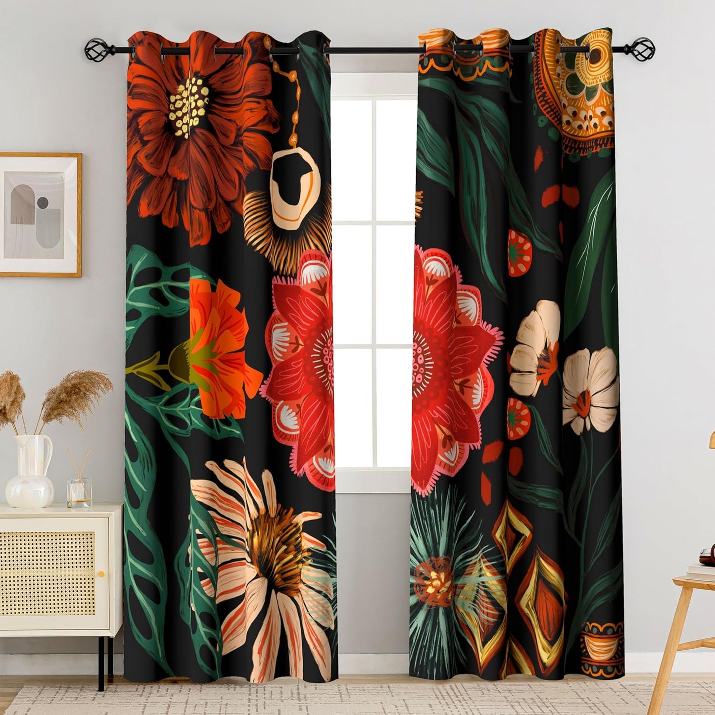 Black Boho Floral 100% Blackout Curtains for Bedroom 84 inch Long 2 Panels Mid Century Botanical Black Out Curtains for Living Room Grommet Thermal Insulated Room Darkening Window Drapes,52Wx84L