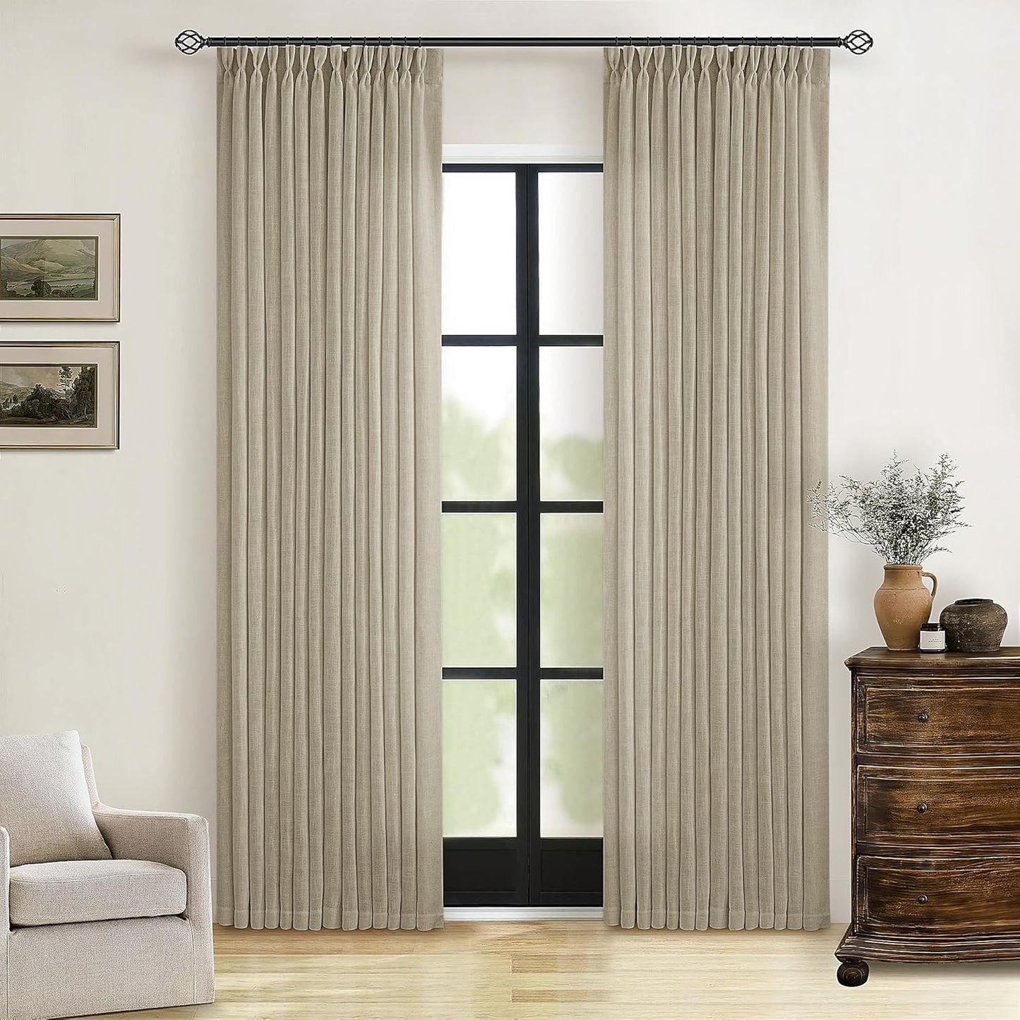 Natural Linen Kitchen Curtains 45 Inches Long 2 Sets Basement Curtains for Small Window Cream Ivory Pinch Pleated Back Tab Linen Blend Short Boho Semi Sheer Back Tab Drapes for Bay Windows 40x45