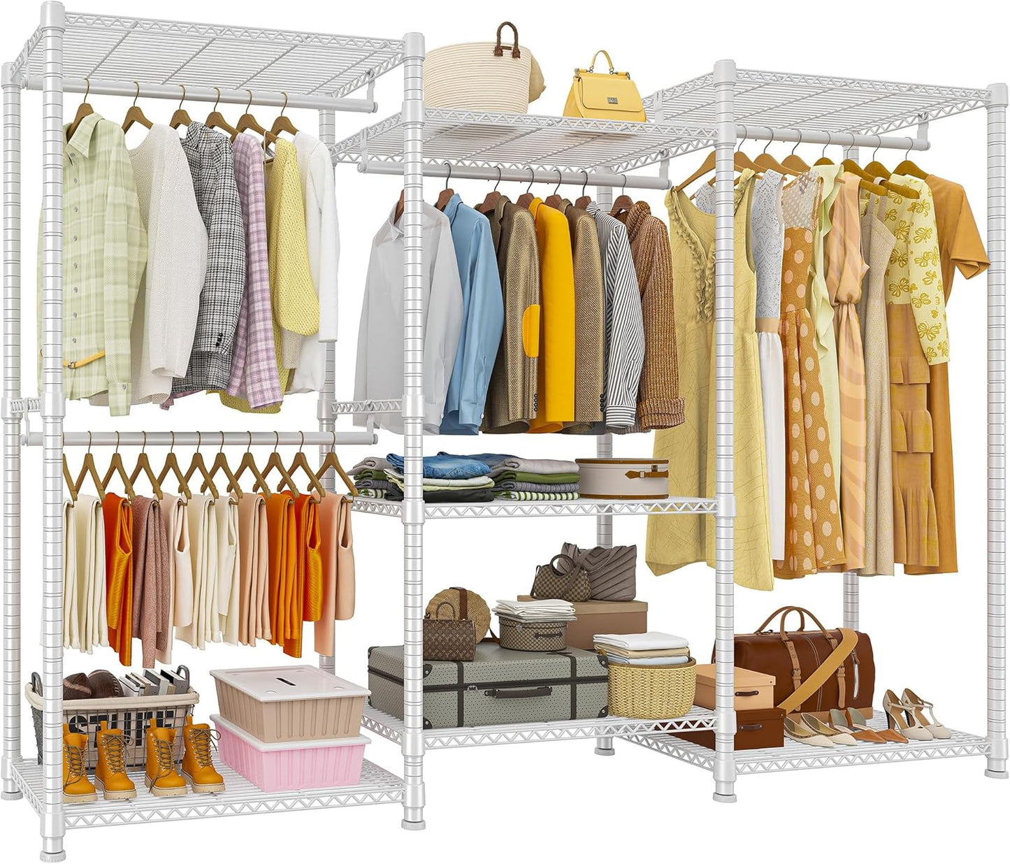 Raybee Clothes Rack Heavy Duty Clothing Racks for Hanging Clothes Loads 1100LBS, Garment Rack Freestanding for Bedroom, 75" H x 75" W x 15.7" D, White